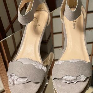J Adam’s Scalloped Ankle-Strap Sandals in Light Gray